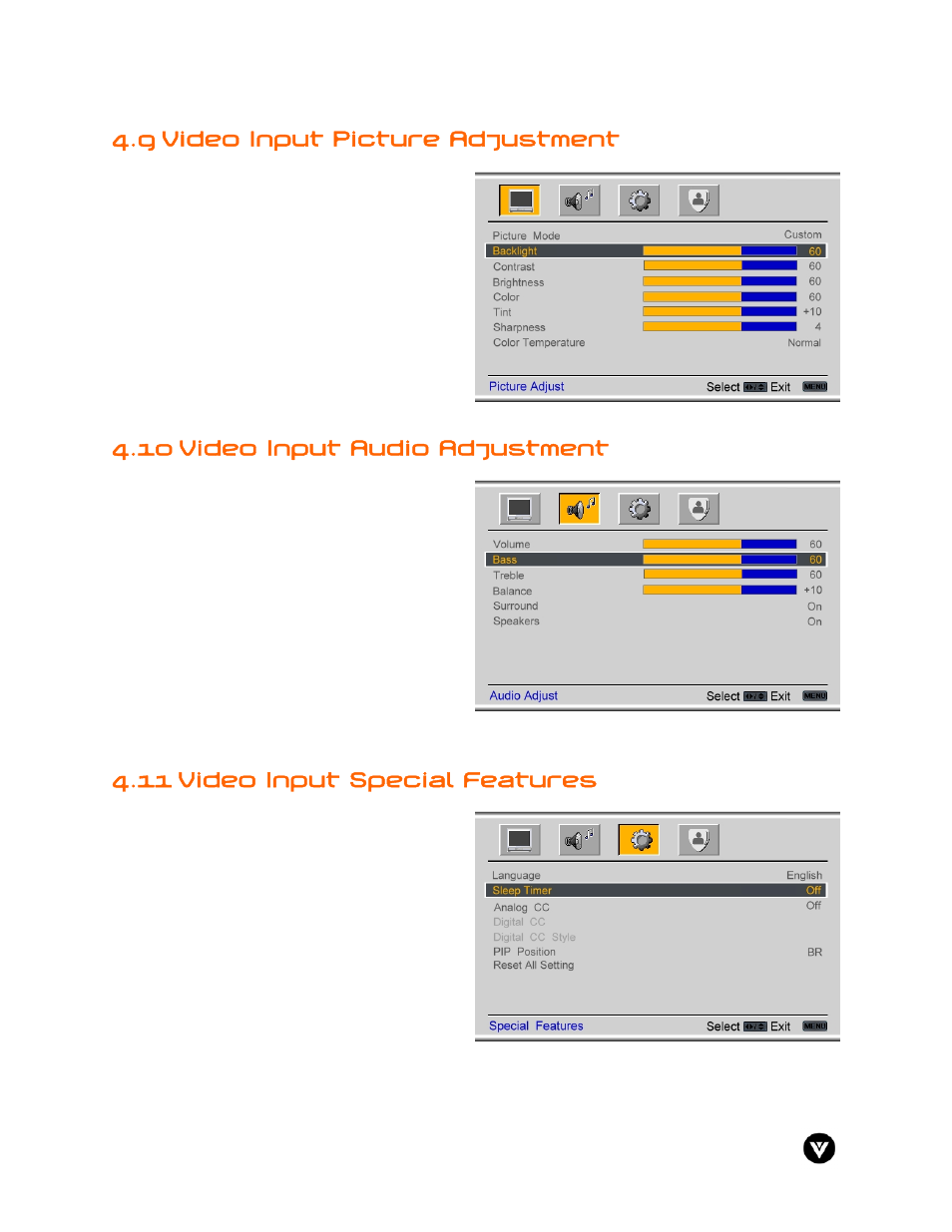 9 video input picture adjustment, 10 video input audio adjustment, Video input special features | 11 video input special features | Vizio GV47L User Manual | Page 51 / 75