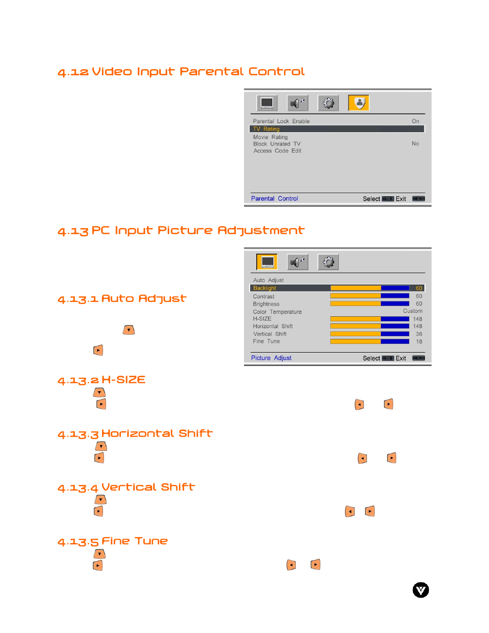 12 video input parental control, 13 pc input picture adjustment, 1 auto adjust | 2 h-size, 3 horizontal shift, Vertical shift, 5 fine tune, 4 vertical shift | Vizio GV47L User Manual | Page 52 / 75