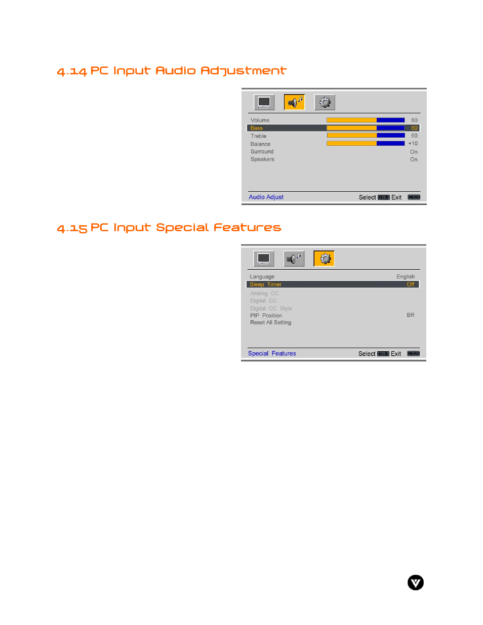14 pc input audio adjustment, 15 pc input special features | Vizio GV47L User Manual | Page 53 / 75