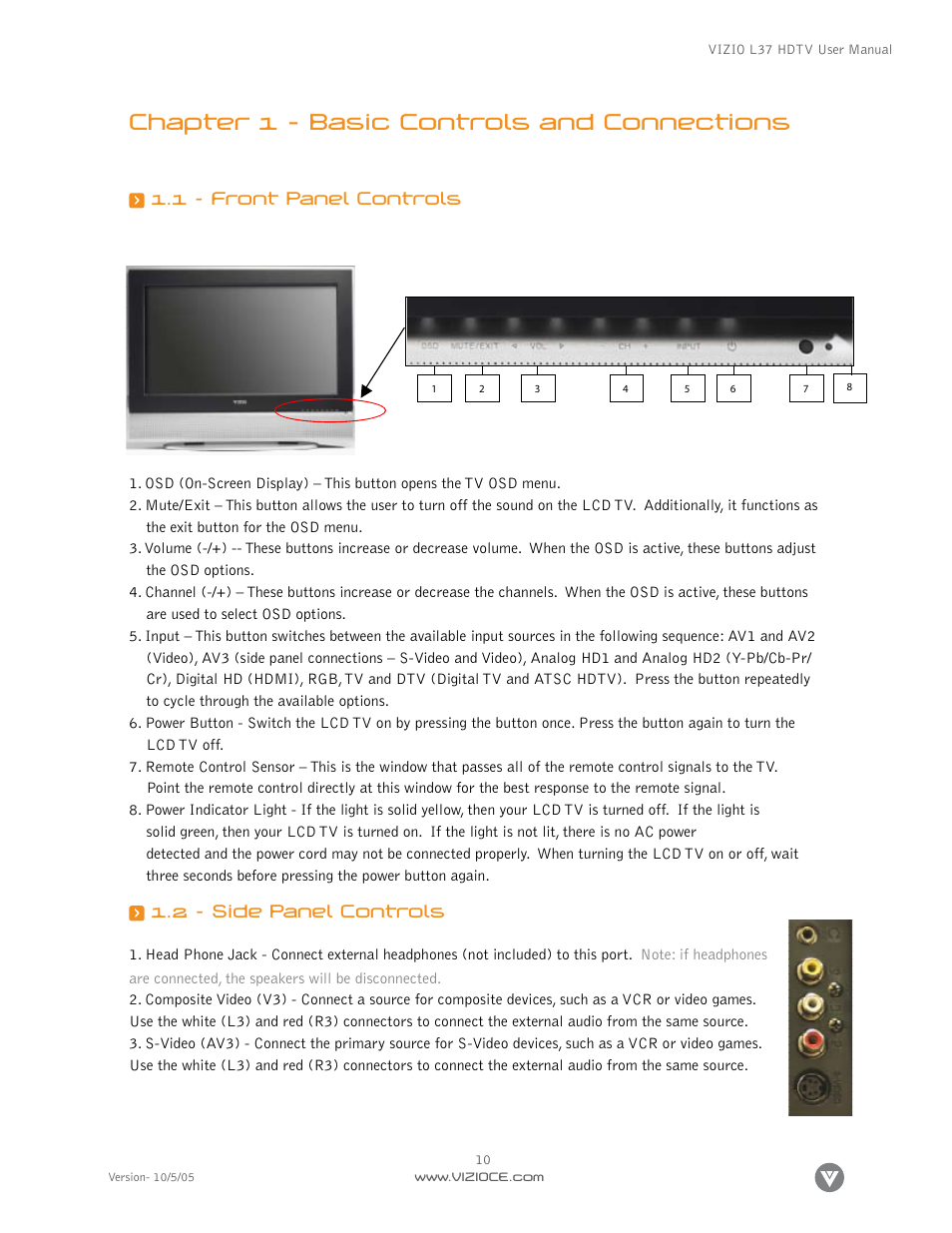 Chapter 1 – basic controls and connections, 1 - front panel controls, 2 - side panel controls | Vizio L37 User Manual | Page 10 / 81