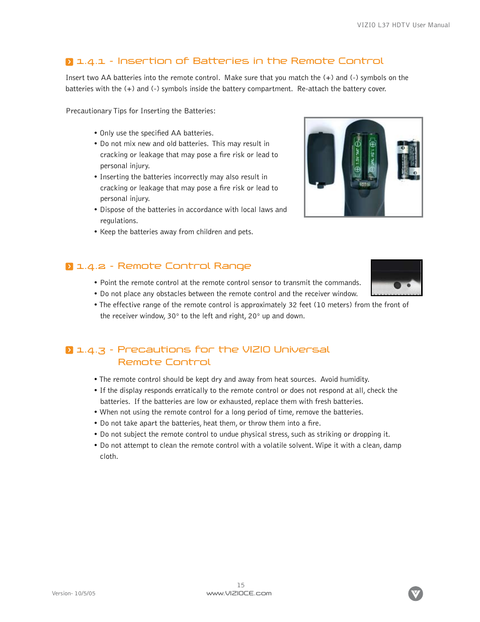 1 - insertion of batteries in the remote control, 2 - remote control range | Vizio L37 User Manual | Page 15 / 81