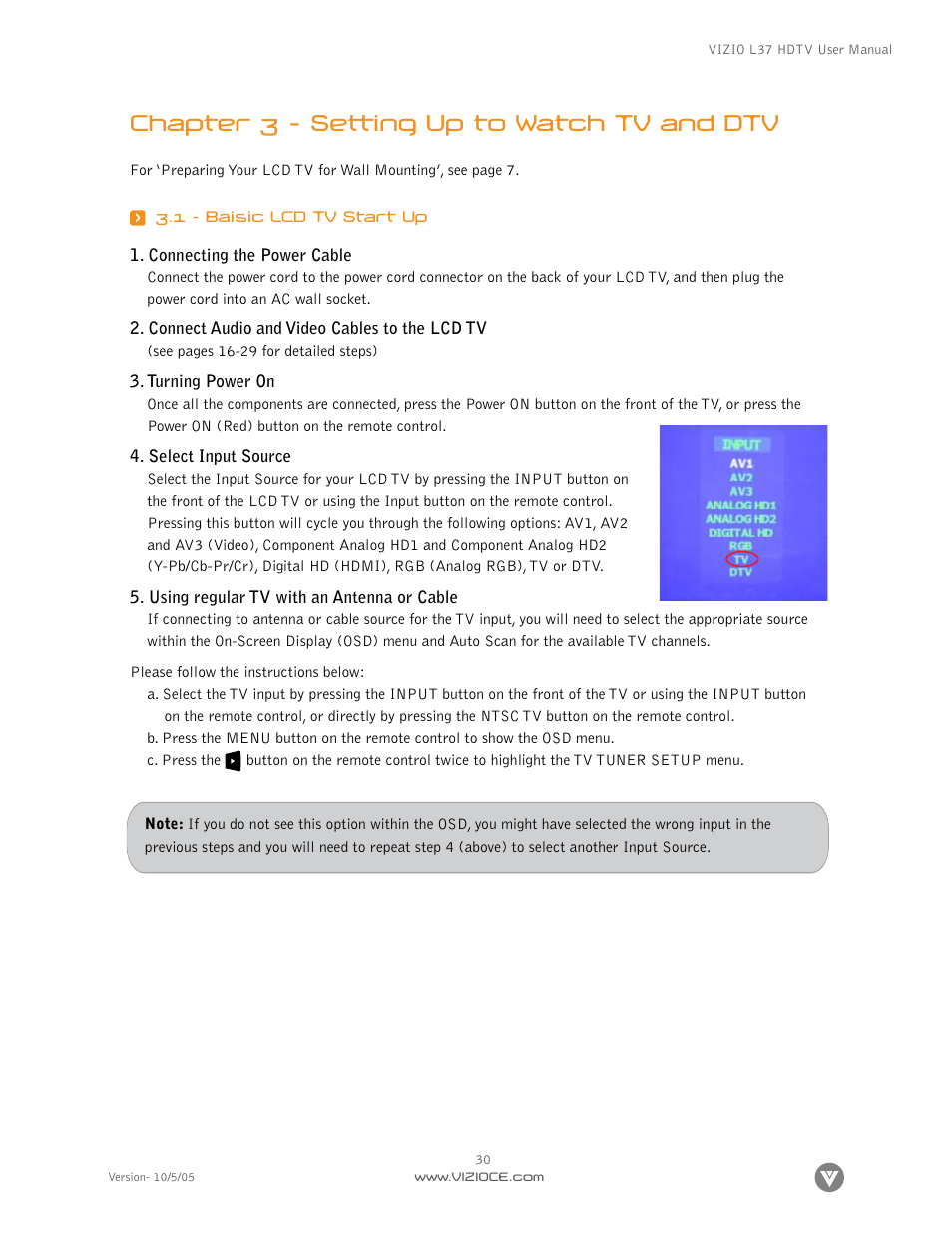 Chapter 3 – setting up to watch tv and dtv | Vizio L37 User Manual | Page 30 / 81