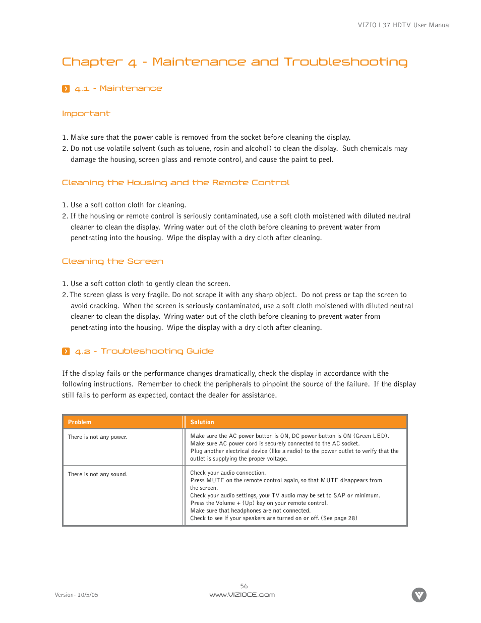 Chapter 4 - maintenance and troubleshooting | Vizio L37 User Manual | Page 56 / 81