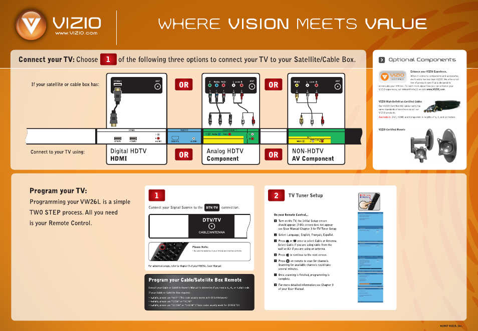 Uizio, Www.'jizio.com, Where v^isign meets urlue | Connect your tv: choose, Program your tv, Analog hdtv, Non-hdtv | Vizio VW26L User Manual | Page 2 / 2