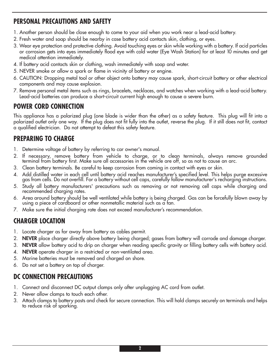 Personal precautions and safety, Power cord connection, Preparing to charge | Charger location, Dc connection precautions | Vizio VEC1086B User Manual | Page 2 / 8