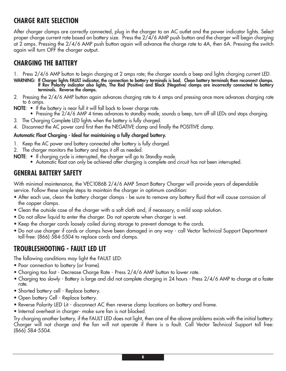 Charge rate selection, Charging the battery, General battery safety | Troubleshooting - fault led lit | Vizio VEC1086B User Manual | Page 6 / 8