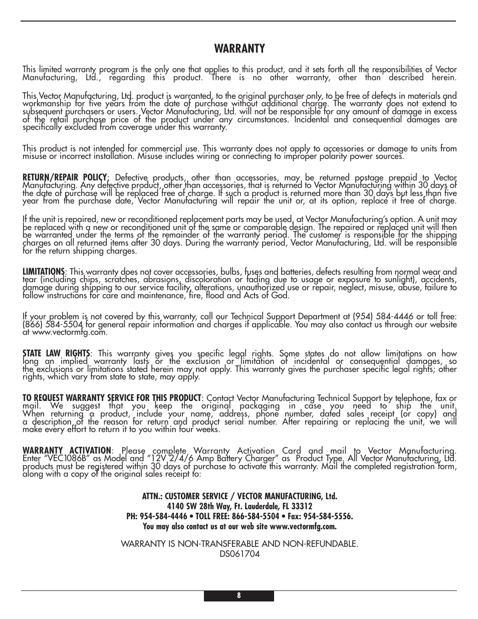 Warranty | Vizio VEC1086B User Manual | Page 8 / 8