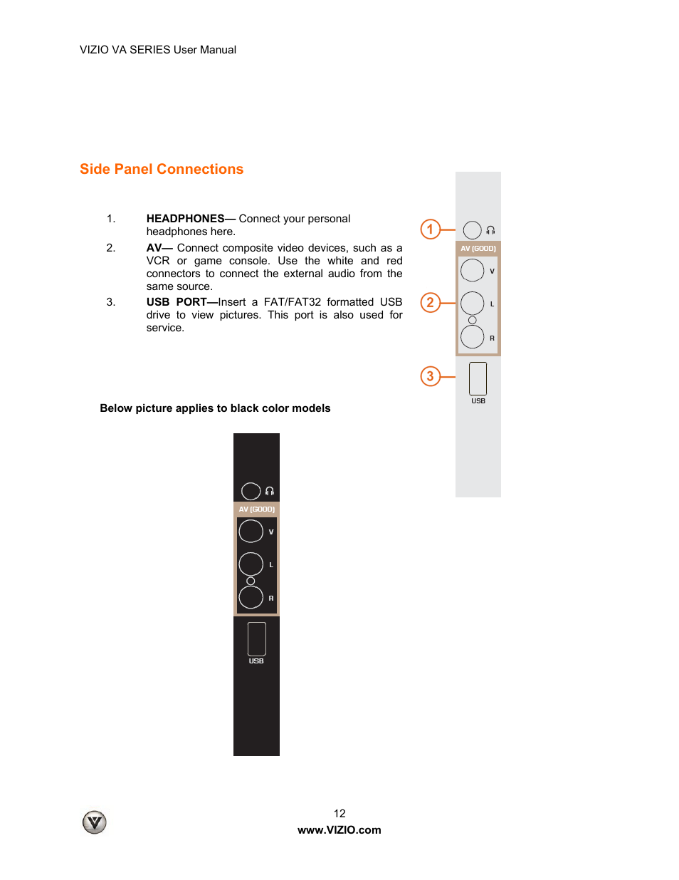 Side panel connections | Vizio M260VA User Manual | Page 12 / 51