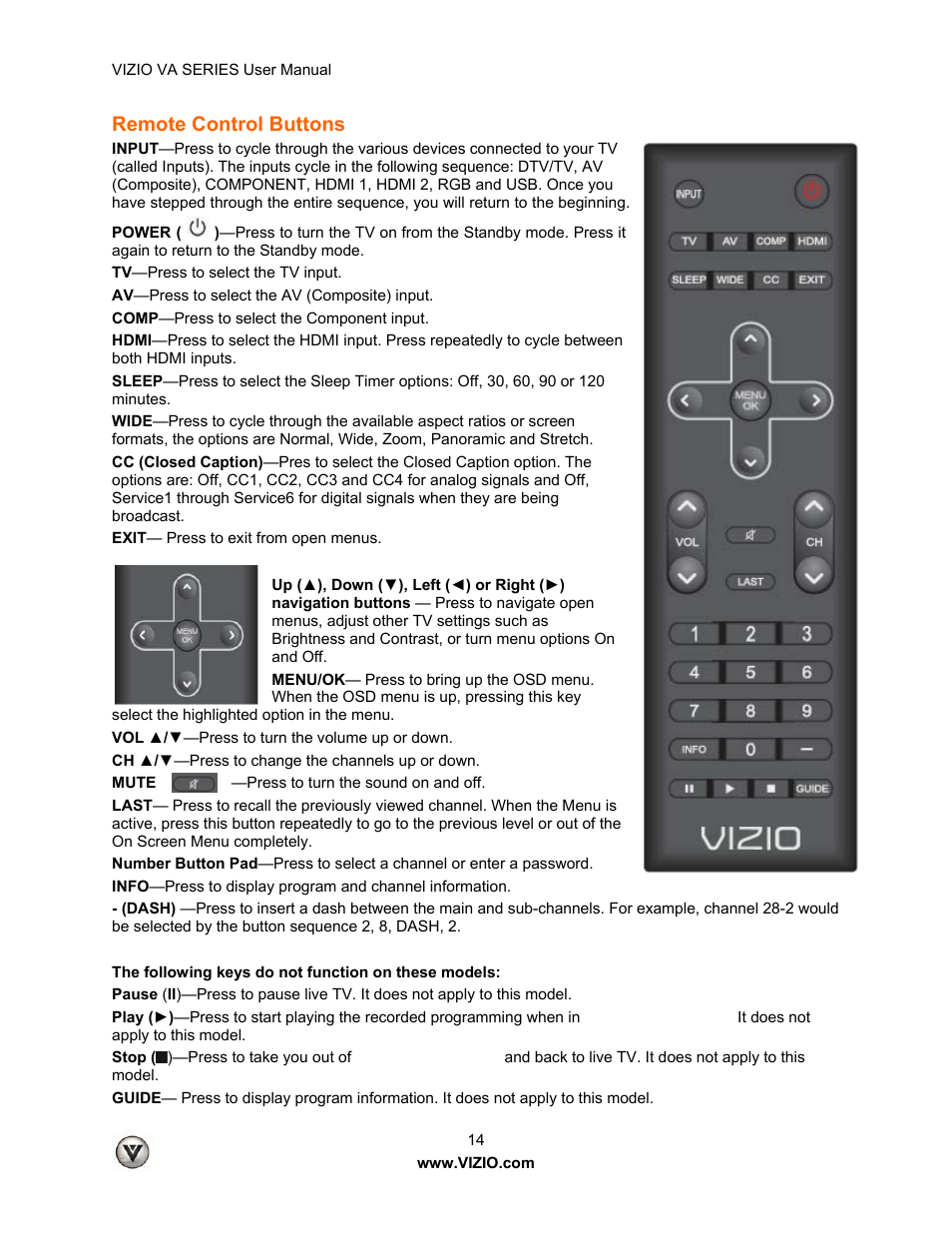 Remote control buttons | Vizio M260VA User Manual | Page 14 / 51