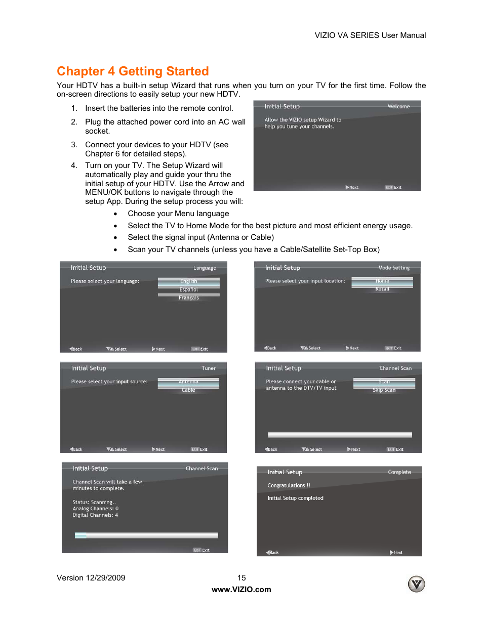 Chapter 4 getting started | Vizio M260VA User Manual | Page 15 / 51