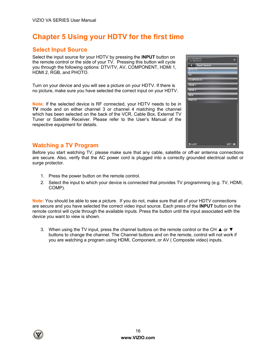 Chapter 5 using your hdtv for the first time, Select input source, Watching a tv program | Vizio M260VA User Manual | Page 16 / 51