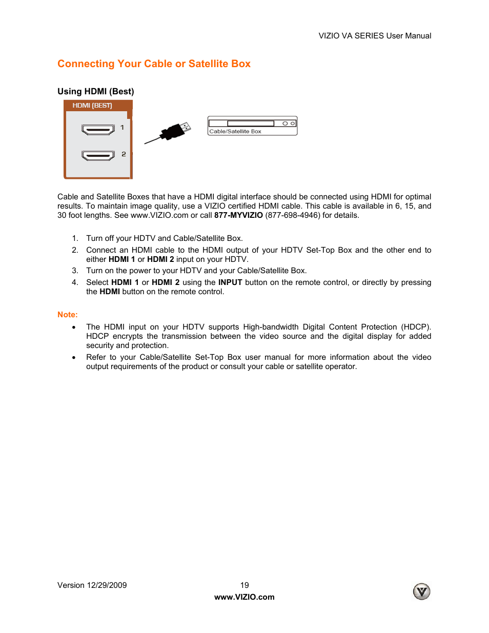 Connecting your cable or satellite box | Vizio M260VA User Manual | Page 19 / 51