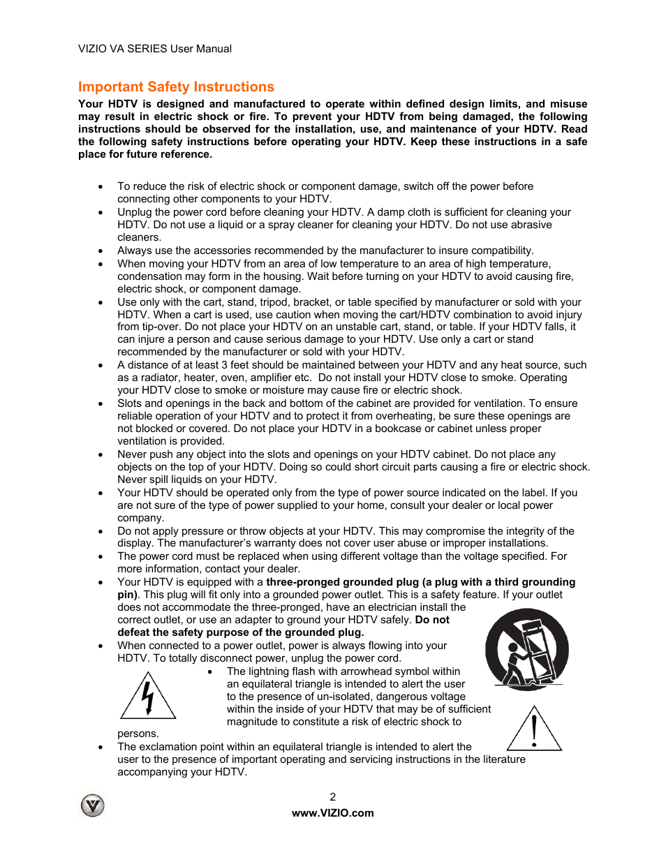 Important safety instructions | Vizio M260VA User Manual | Page 2 / 51
