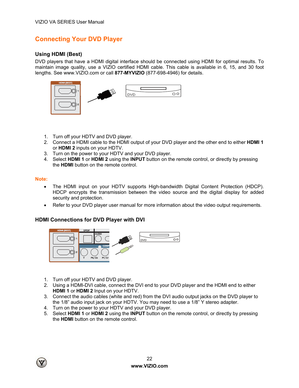 Connecting your dvd player | Vizio M260VA User Manual | Page 22 / 51