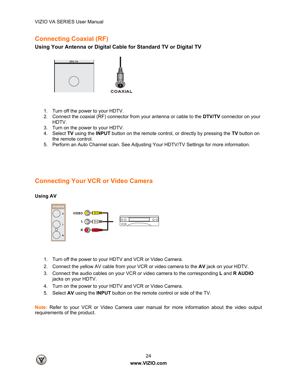 Connecting coaxial (rf), Connecting your vcr or video camera | Vizio M260VA User Manual | Page 24 / 51