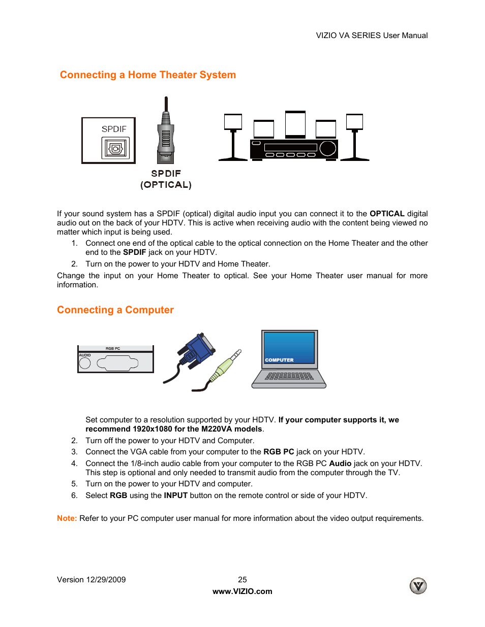 Connecting a home theater system, Connecting a computer | Vizio M260VA User Manual | Page 25 / 51