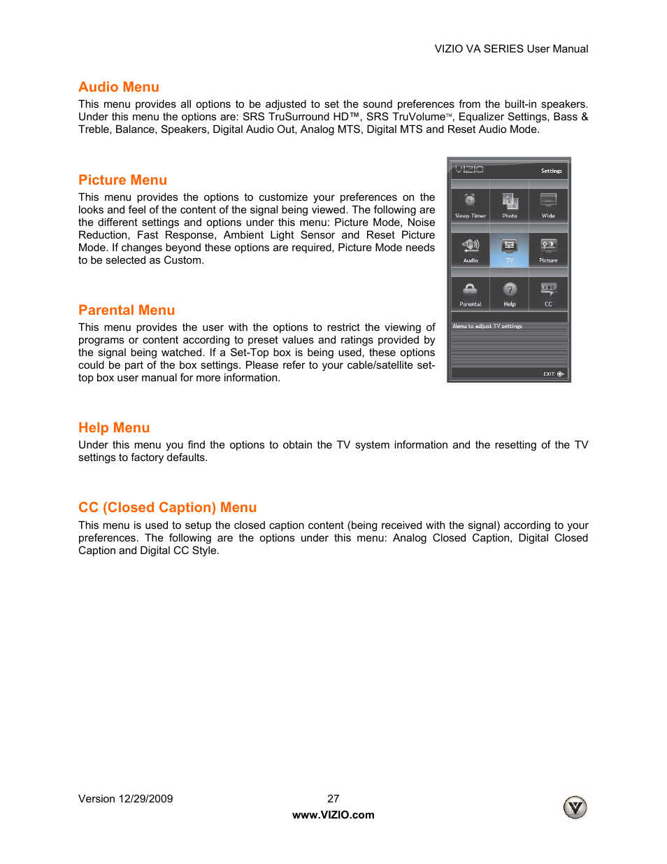 Audio menu, Picture menu, Parental menu | Help menu, Cc (closed caption) menu | Vizio M260VA User Manual | Page 27 / 51