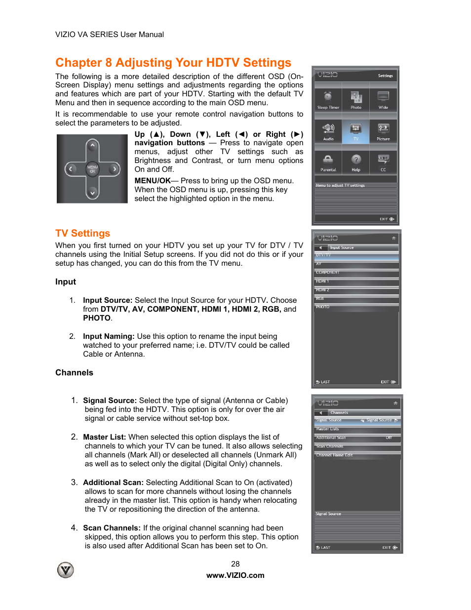 Chapter 8 adjusting your hdtv settings, Tv settings | Vizio M260VA User Manual | Page 28 / 51