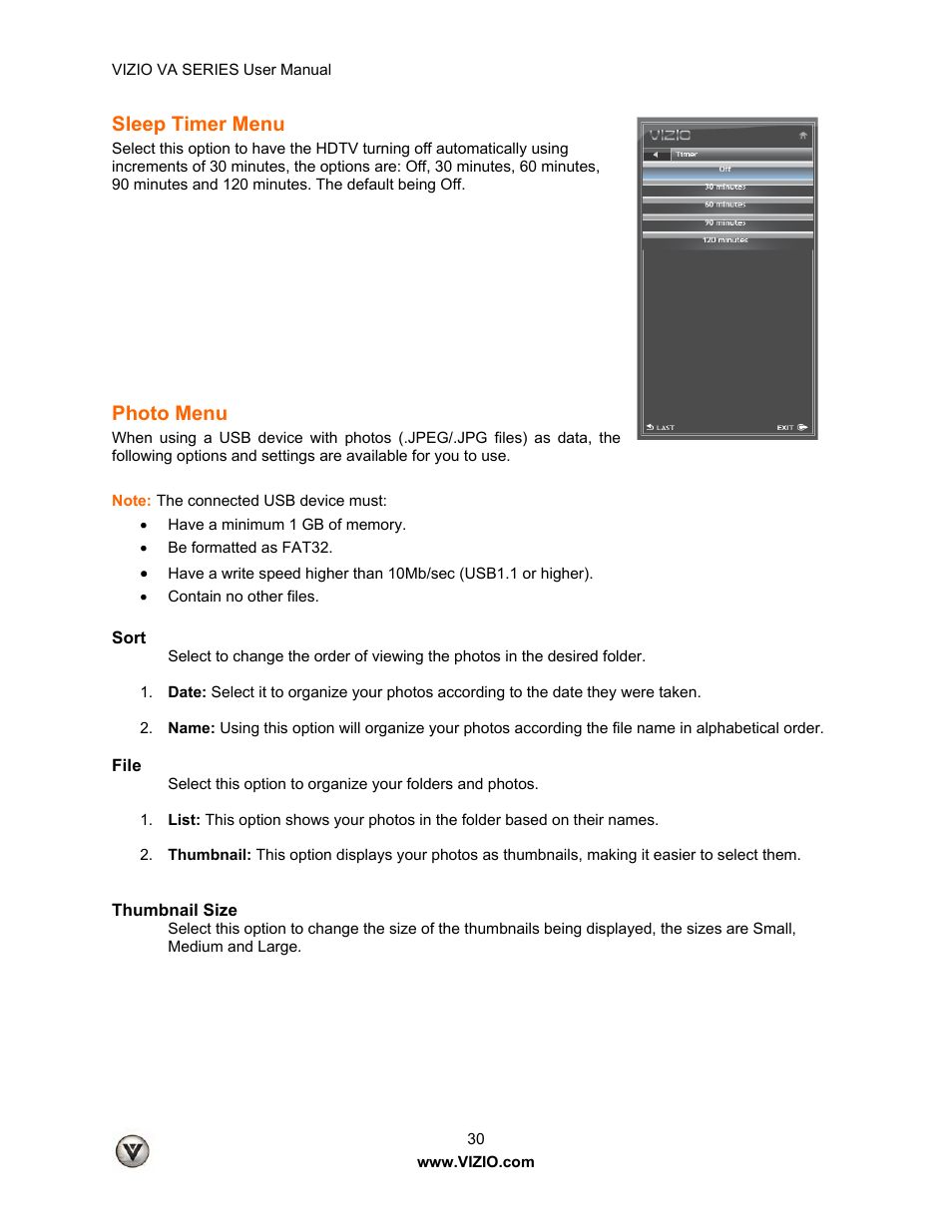Sleep timer menu, Photo menu | Vizio M260VA User Manual | Page 30 / 51