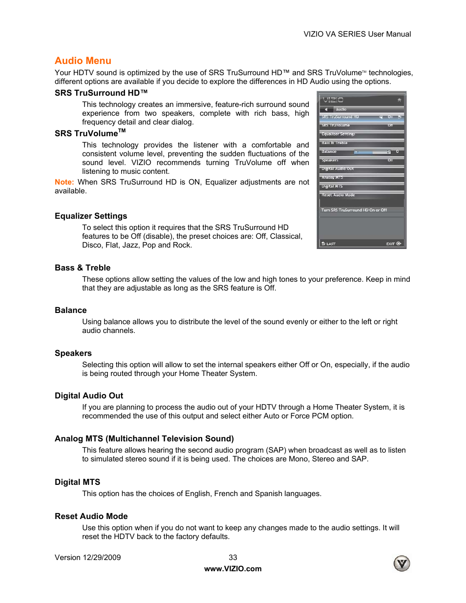 Audio menu | Vizio M260VA User Manual | Page 33 / 51