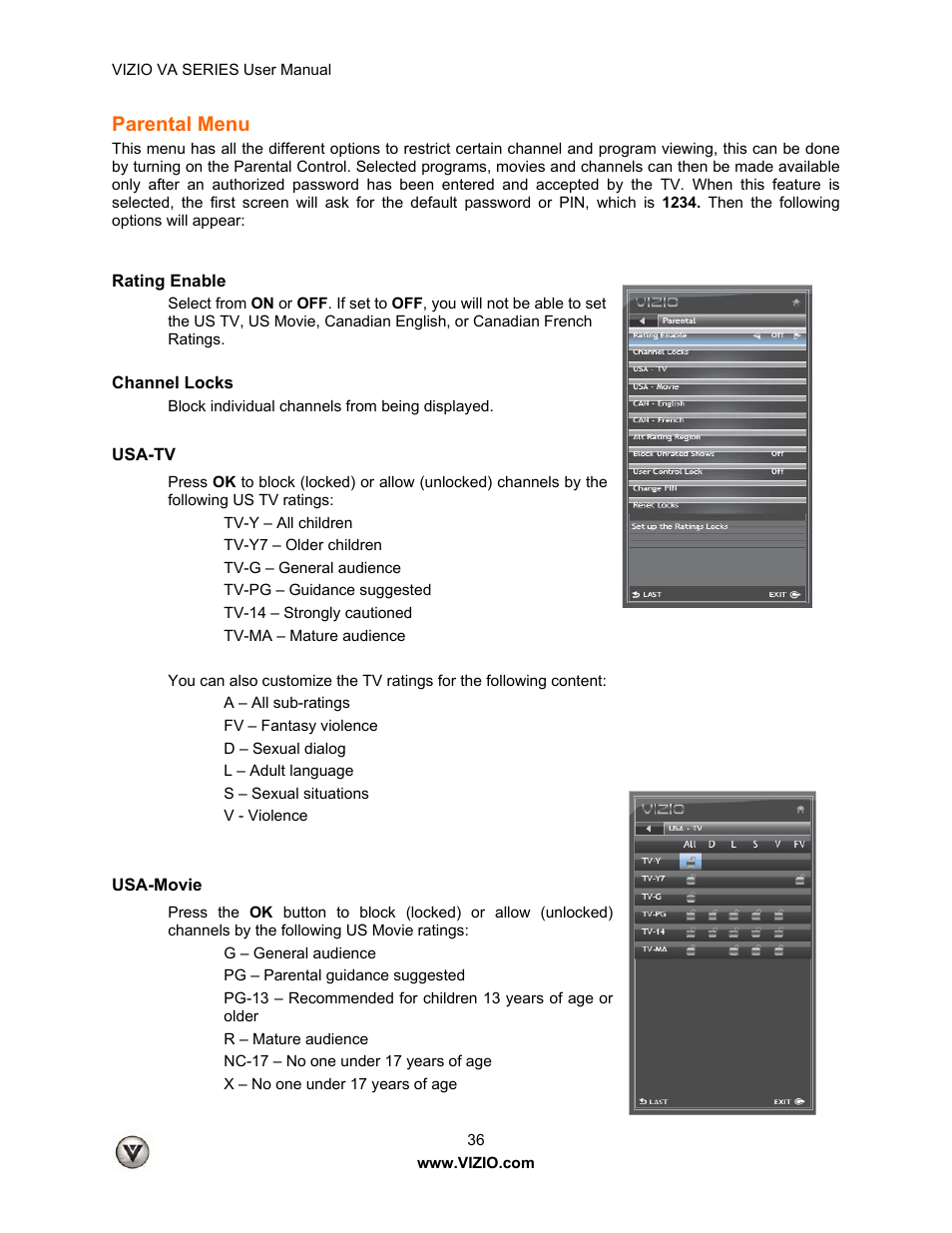 Parental menu | Vizio M260VA User Manual | Page 36 / 51