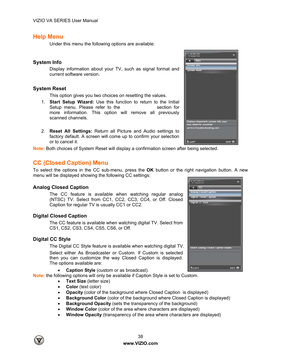 Help menu, Cc (closed caption) menu | Vizio M260VA User Manual | Page 38 / 51