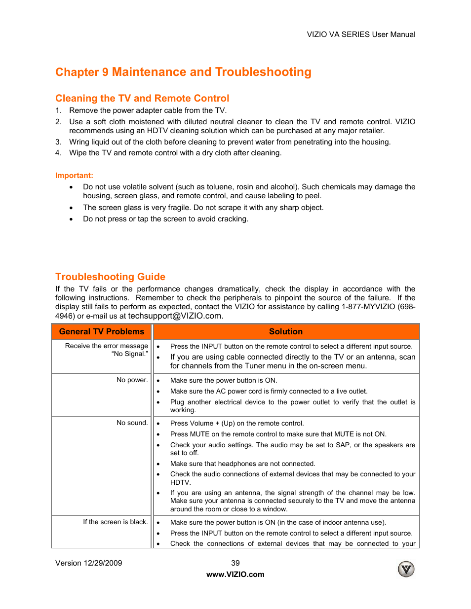 Maintenance and troubleshooting, Chapter 9, Cleaning the tv and remote control | Troubleshooting guide | Vizio M260VA User Manual | Page 39 / 51