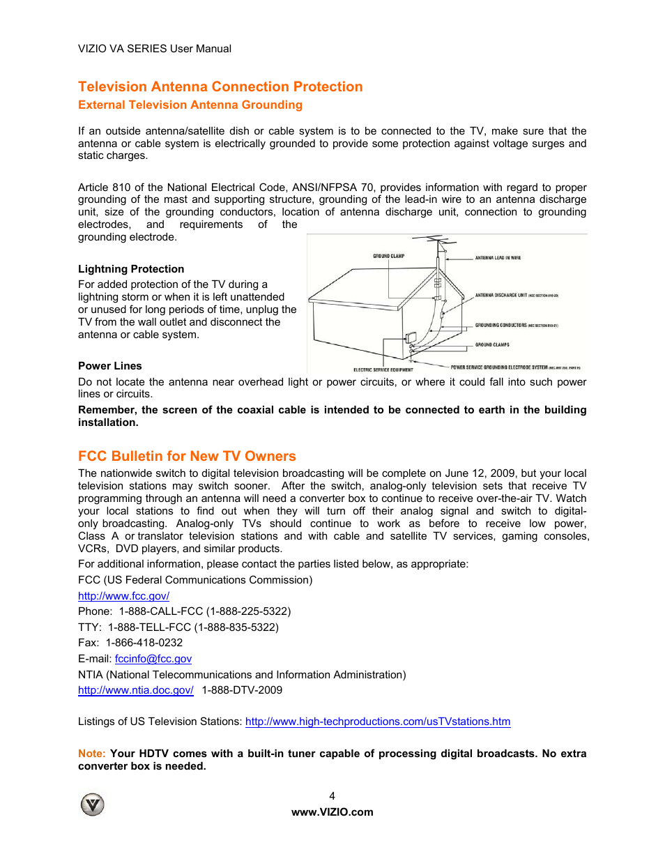 Television antenna connection protection, Fcc bulletin for new tv owners | Vizio M260VA User Manual | Page 4 / 51