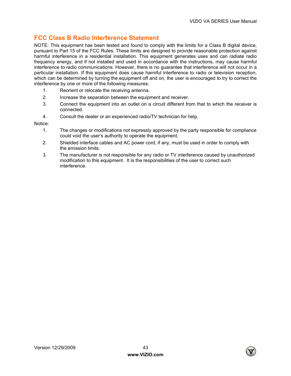 Fcc class b radio interference statement | Vizio M260VA User Manual | Page 43 / 51