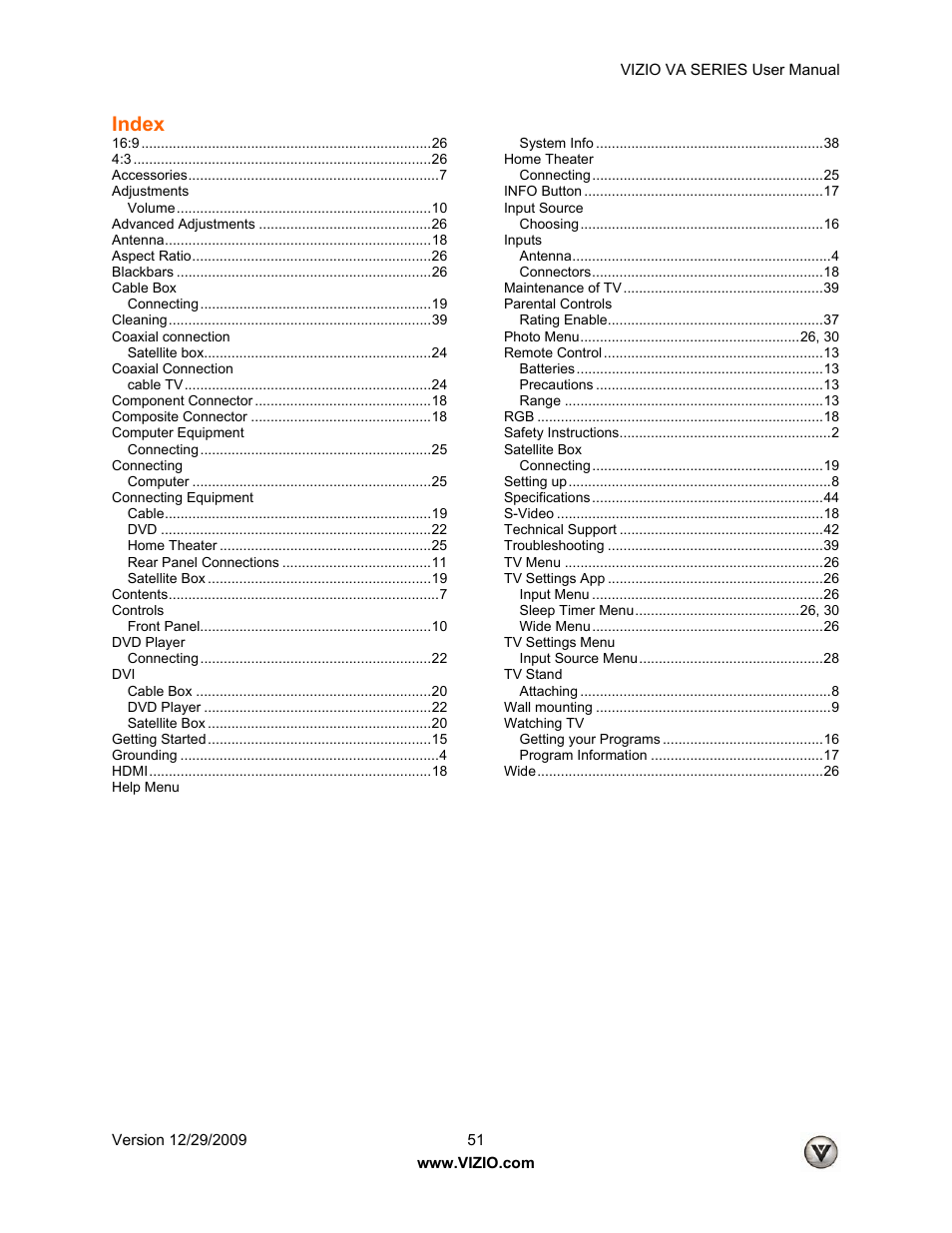 Index | Vizio M260VA User Manual | Page 51 / 51