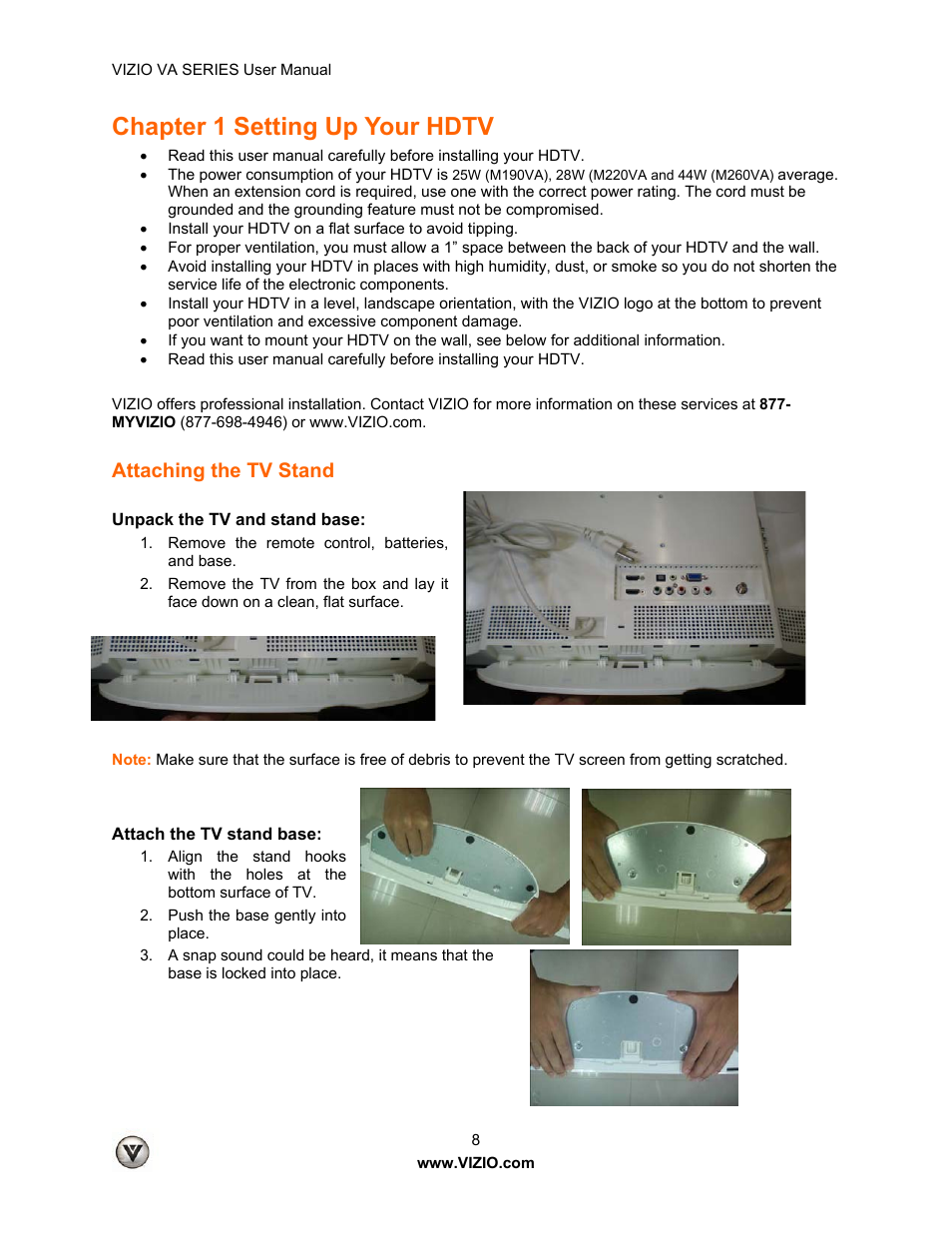 Chapter 1 setting up your hdtv, Attaching the tv stand | Vizio M260VA User Manual | Page 8 / 51