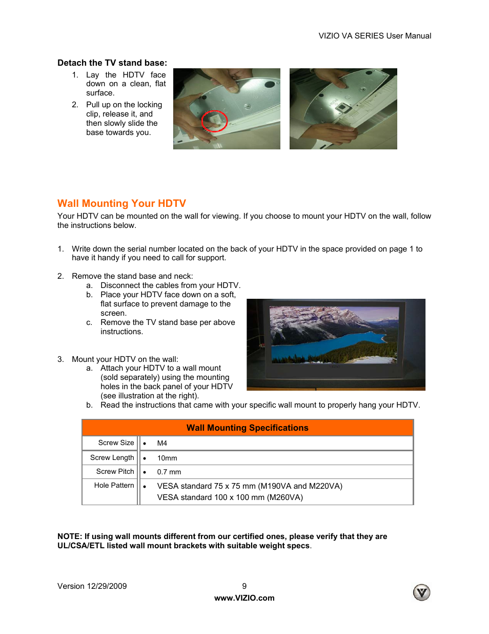 Wall mounting your hdtv | Vizio M260VA User Manual | Page 9 / 51