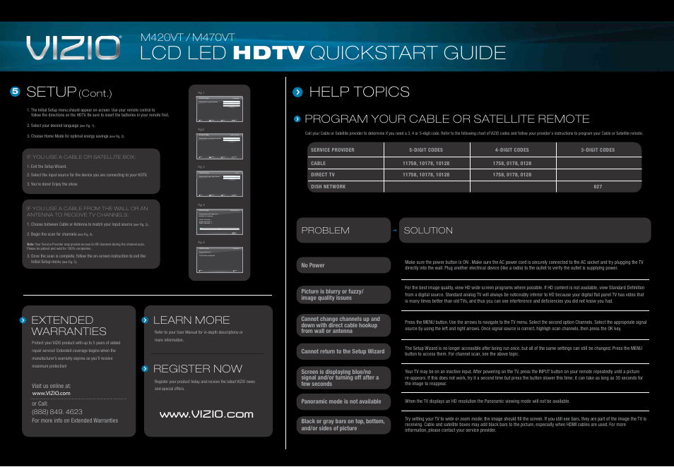 Lcd led hdtv quickstart guide, Help topics setup, Extended warranties learn more register now | Program your cable or satellite remote, Cont.), Problem solution, Exit | Vizio M470VT User Manual | Page 2 / 2
