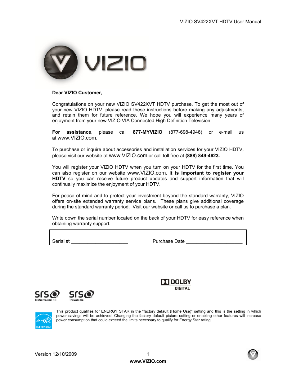 Vizio SV422XVT User Manual | 70 pages