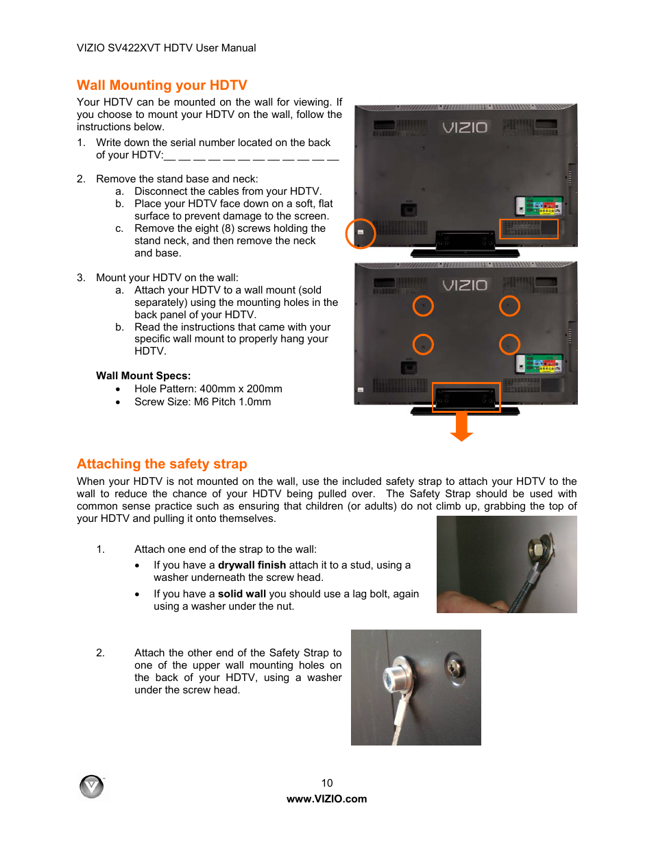 Wall mounting your hdtv, Attaching the safety strap | Vizio SV422XVT User Manual | Page 10 / 70