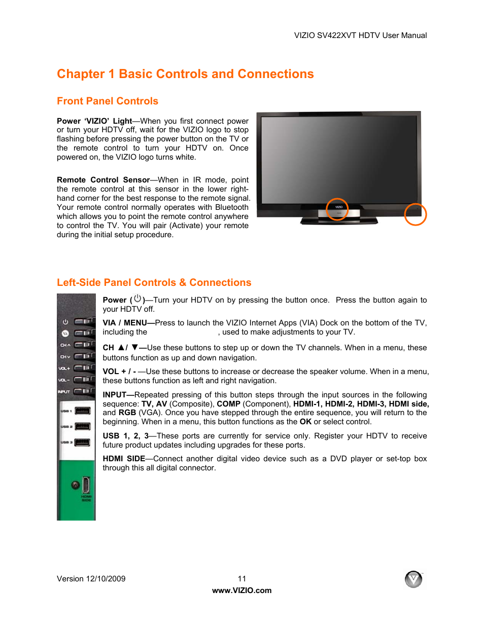 Chapter 1 basic controls and connections, Front panel controls, Left-side panel controls & connections | Vizio SV422XVT User Manual | Page 11 / 70
