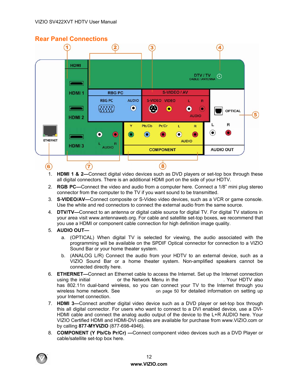 Rear panel connections | Vizio SV422XVT User Manual | Page 12 / 70