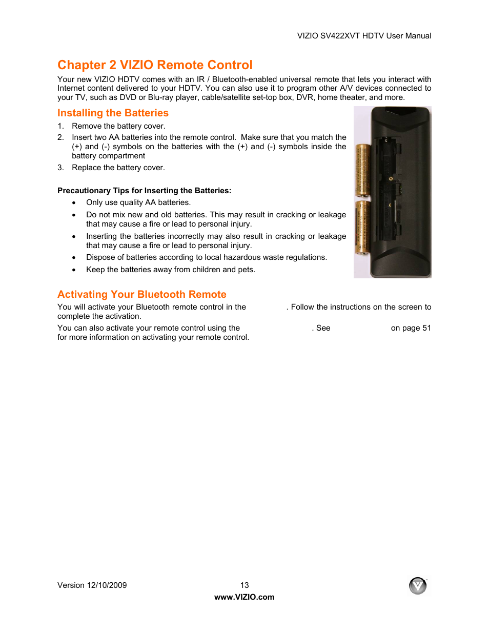 Chapter 2 vizio remote control, Installing the batteries, Activating your bluetooth remote | Vizio SV422XVT User Manual | Page 13 / 70