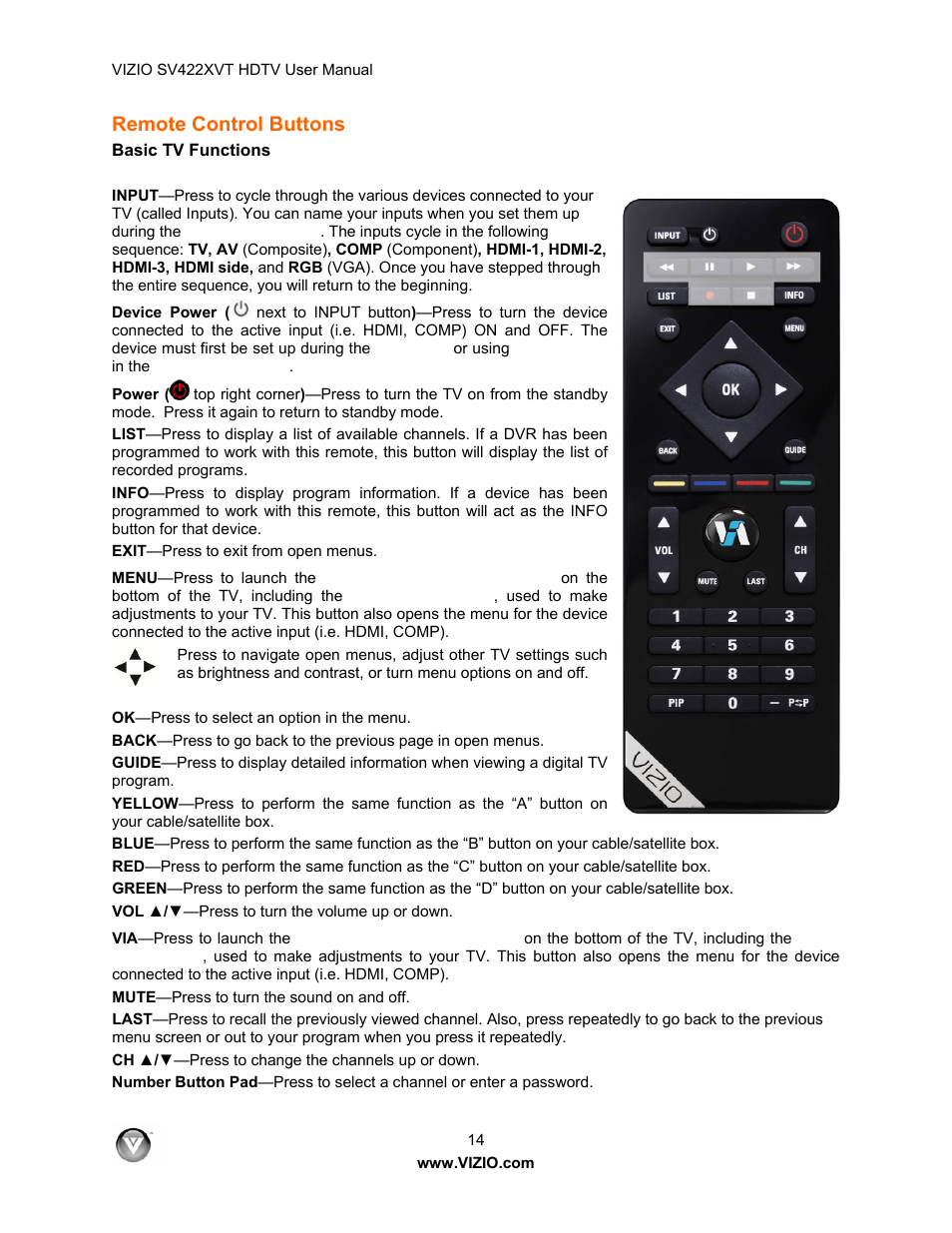 Remote control buttons, Basic tv functions | Vizio SV422XVT User Manual | Page 14 / 70