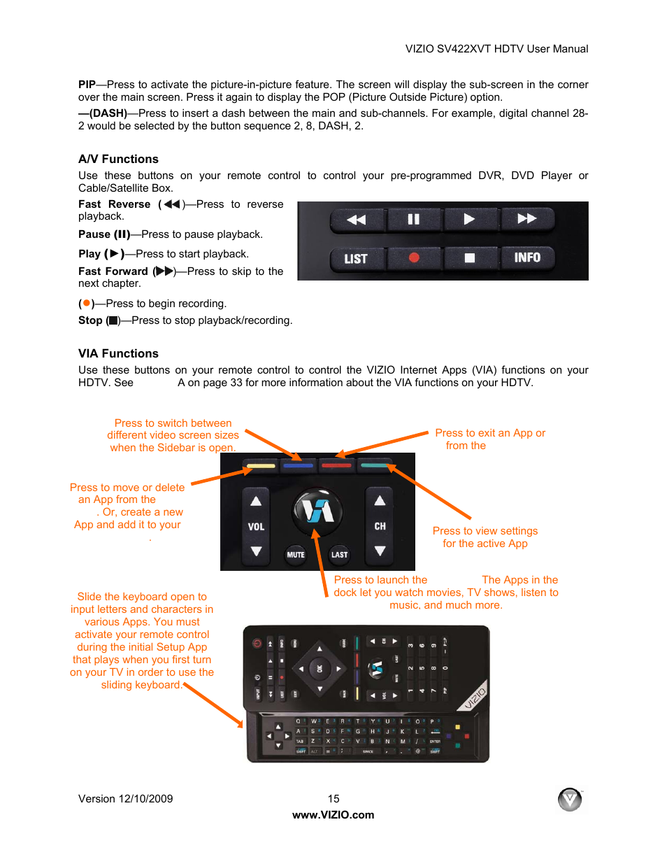 A/v functions, Via functions | Vizio SV422XVT User Manual | Page 15 / 70