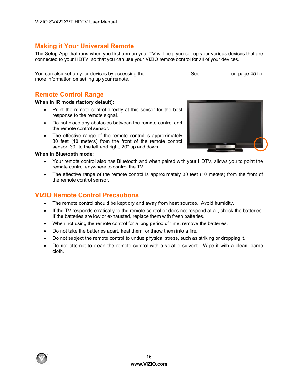 Making it your universal remote, Remote control range, Vizio remote control precautions | Vizio SV422XVT User Manual | Page 16 / 70