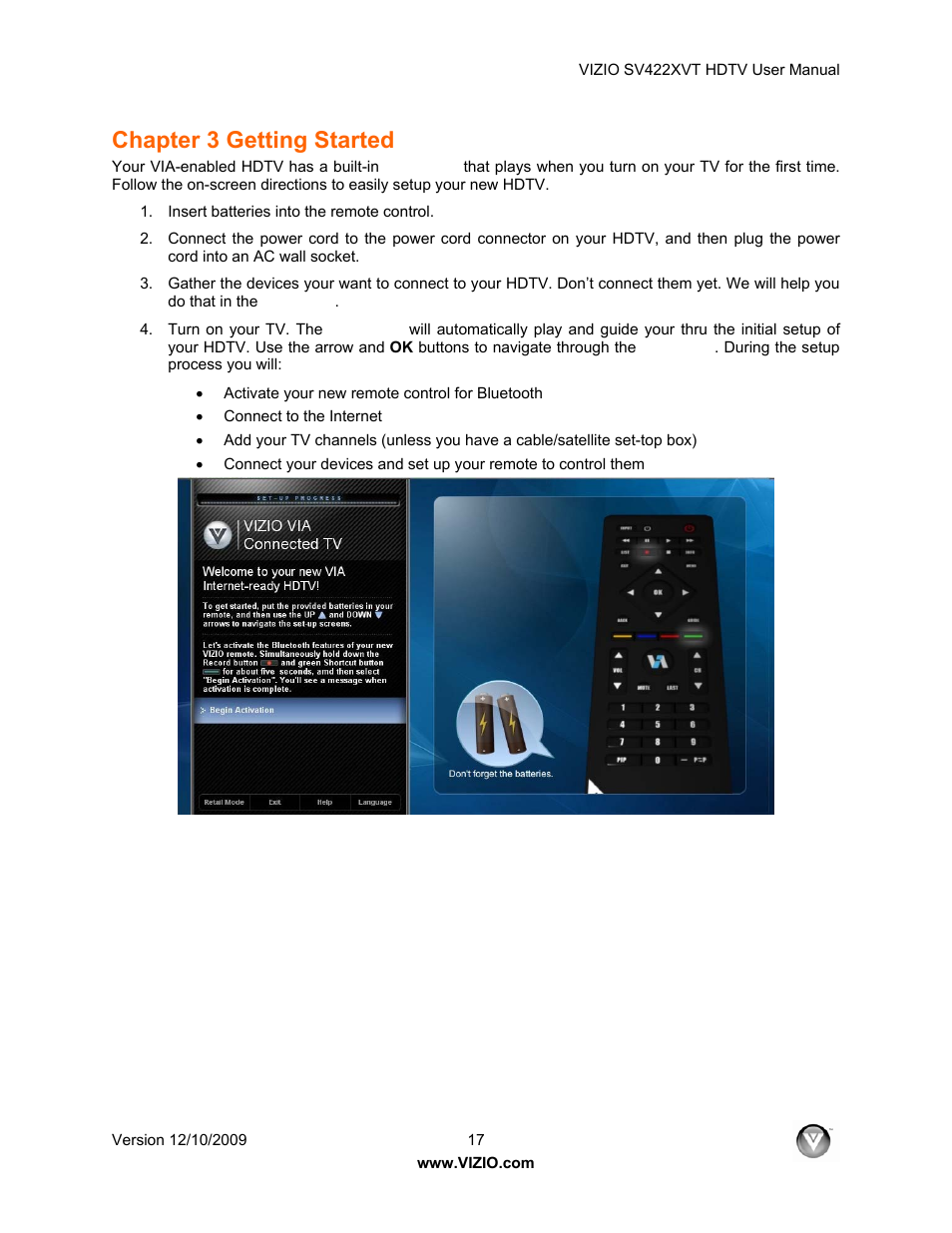 Chapter 3 getting started | Vizio SV422XVT User Manual | Page 17 / 70