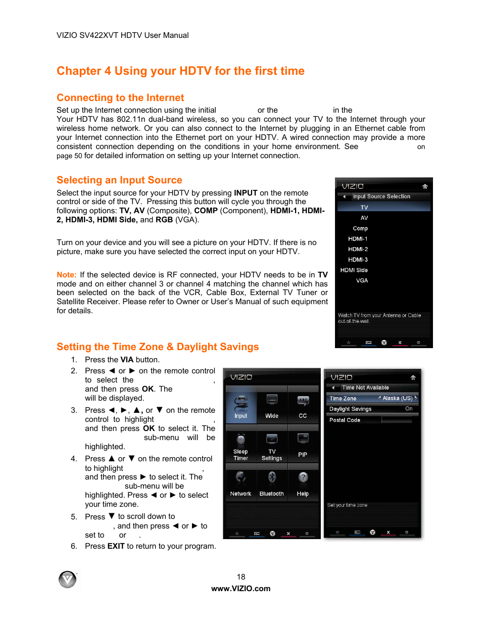 Chapter 4 using your hdtv for the first time, Connecting to the internet, Selecting an input source | Setting the time zone & daylight savings | Vizio SV422XVT User Manual | Page 18 / 70