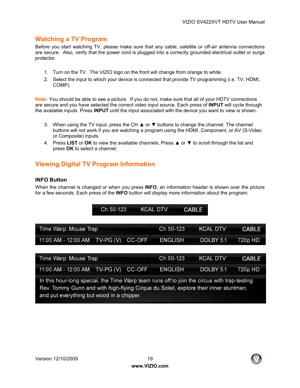 Watching a tv program, Viewing digital tv program information, Info button | Vizio SV422XVT User Manual | Page 19 / 70