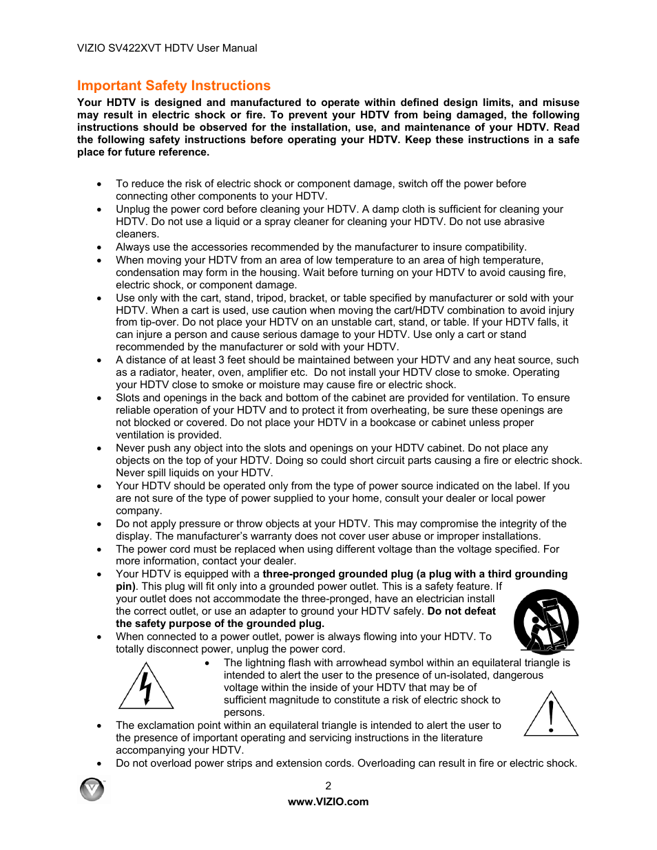 Important safety instructions | Vizio SV422XVT User Manual | Page 2 / 70