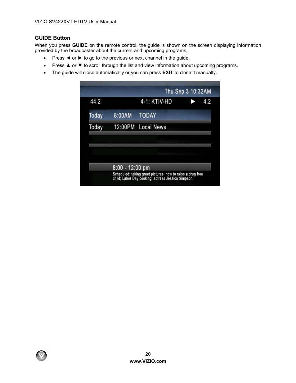 Guide button | Vizio SV422XVT User Manual | Page 20 / 70