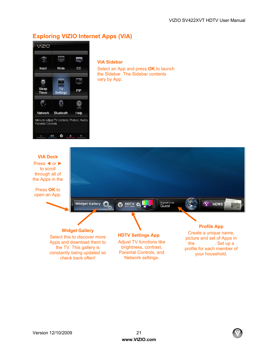 Exploring vizio internet apps (via) | Vizio SV422XVT User Manual | Page 21 / 70