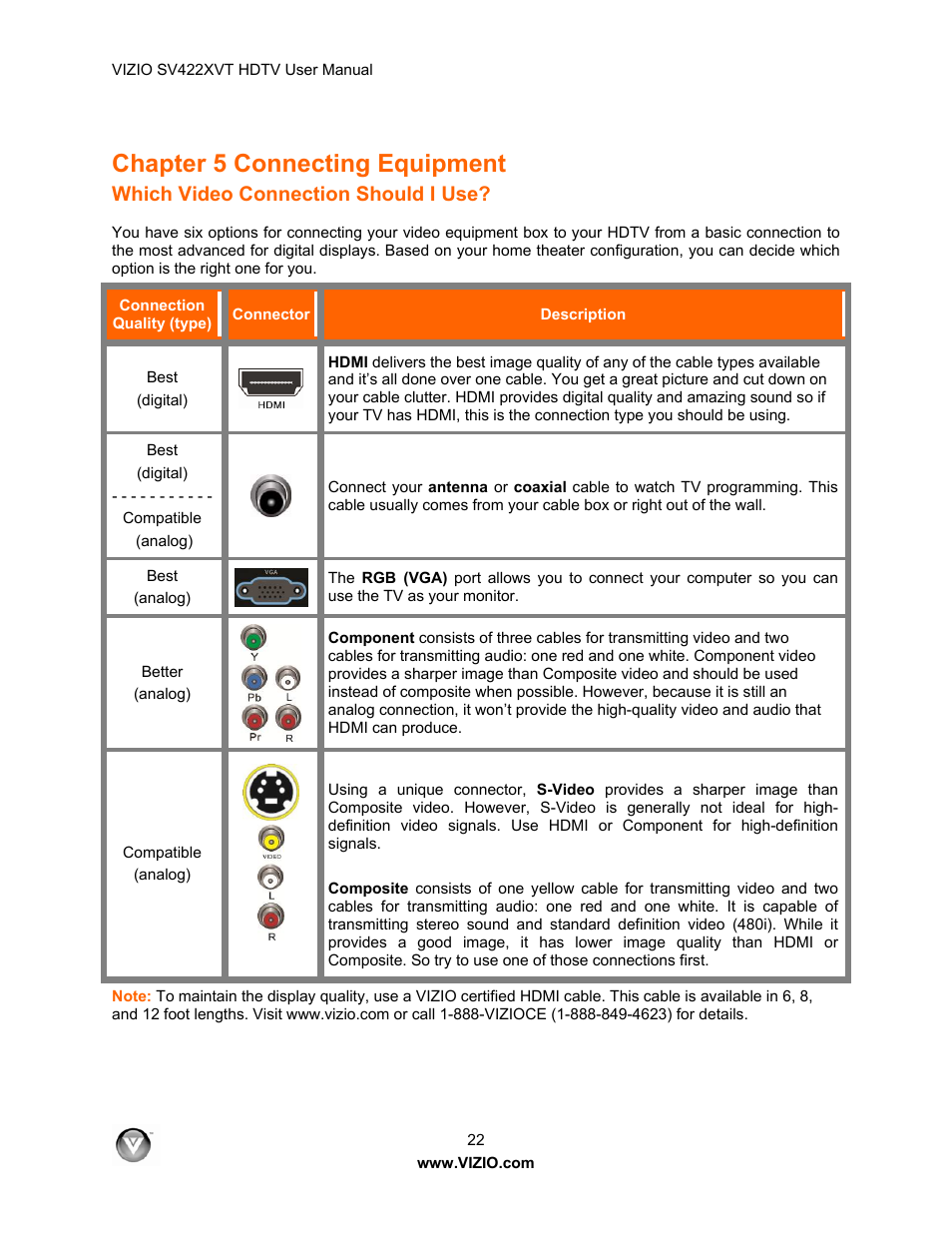 Chapter 5 connecting equipment, Which video connection should i use | Vizio SV422XVT User Manual | Page 22 / 70