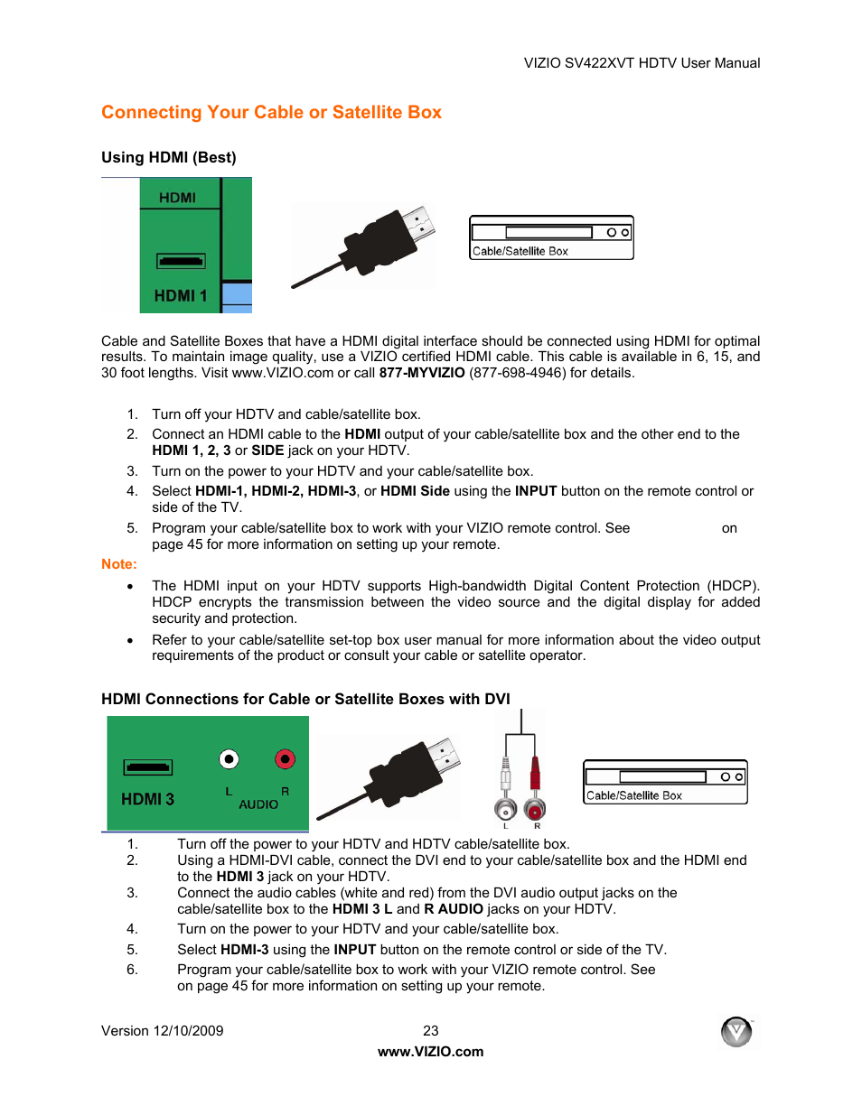Connecting your cable or satellite box, Using hdmi (best) | Vizio SV422XVT User Manual | Page 23 / 70