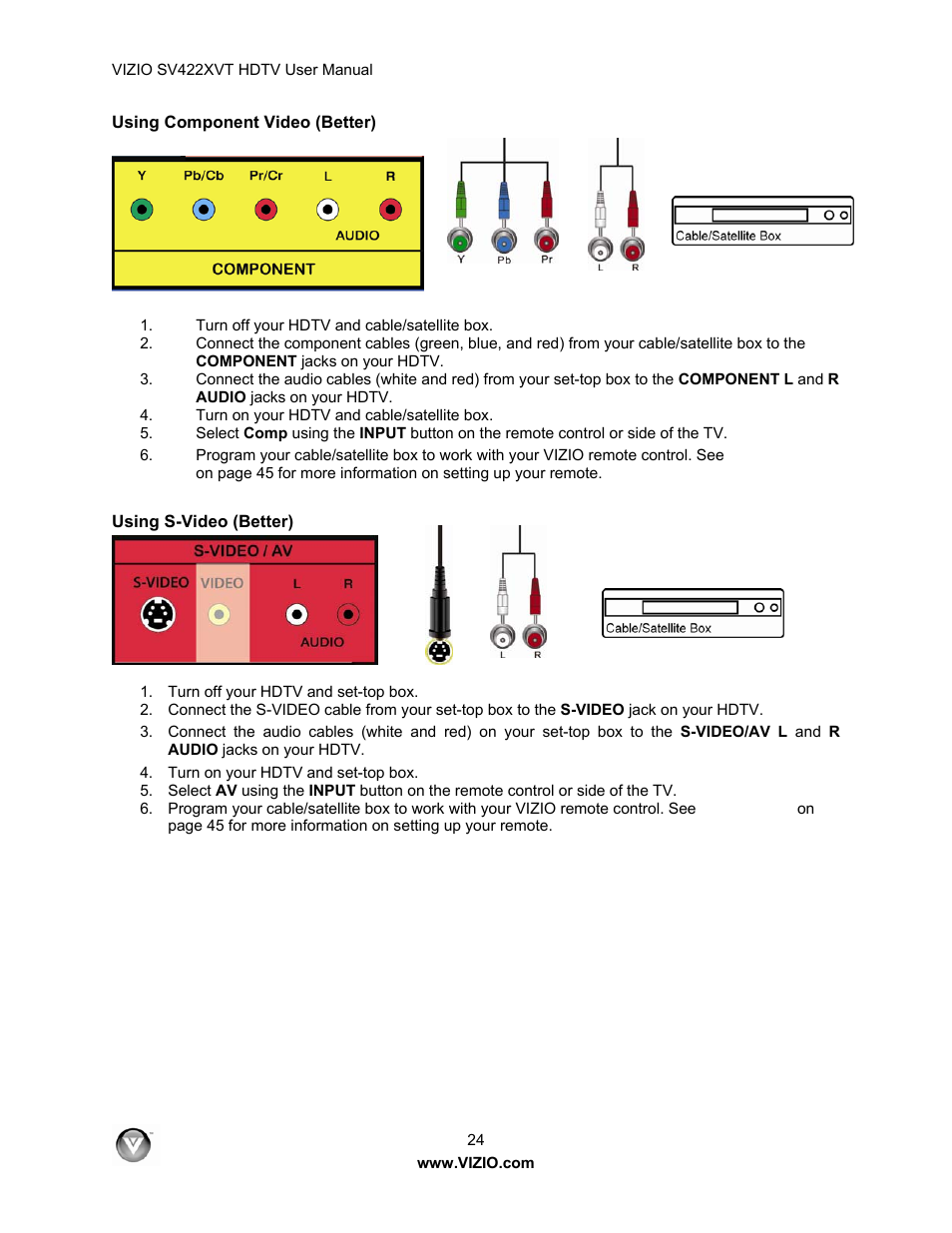 Using component video (better), Using s-video (better) | Vizio SV422XVT User Manual | Page 24 / 70